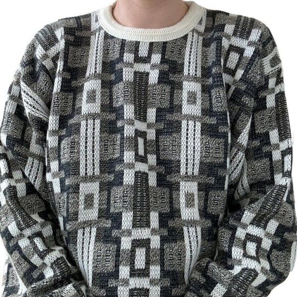 Vintage 1990s Mens Jantzen Oversized Geometric Preppy Crewneck Sweater Sz L - Picture 2 of 7